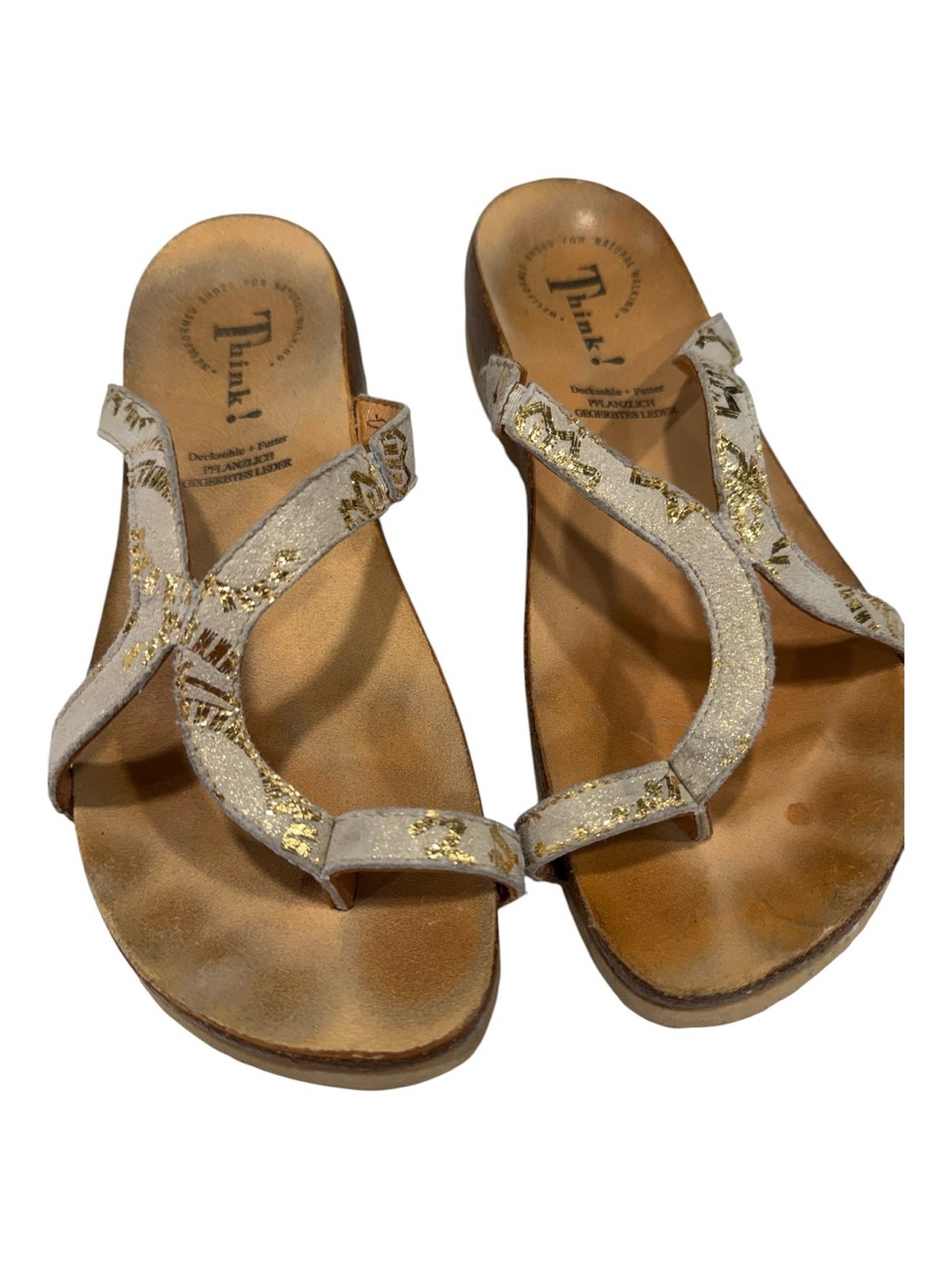 THINK! Leather sandals in metallic gold & white, 38